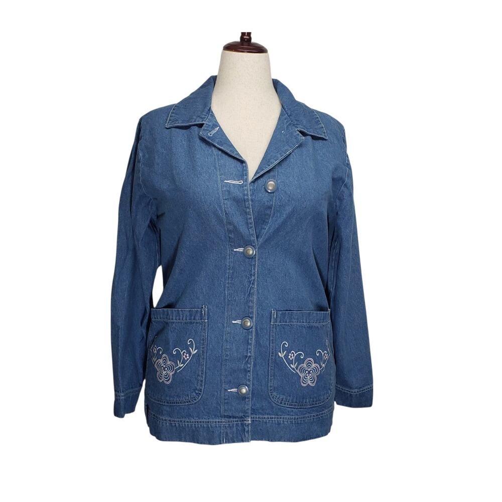 Vintage Tudor Court Embroidered Blue Denim Jacket M 90s Boho Blazer Oversized